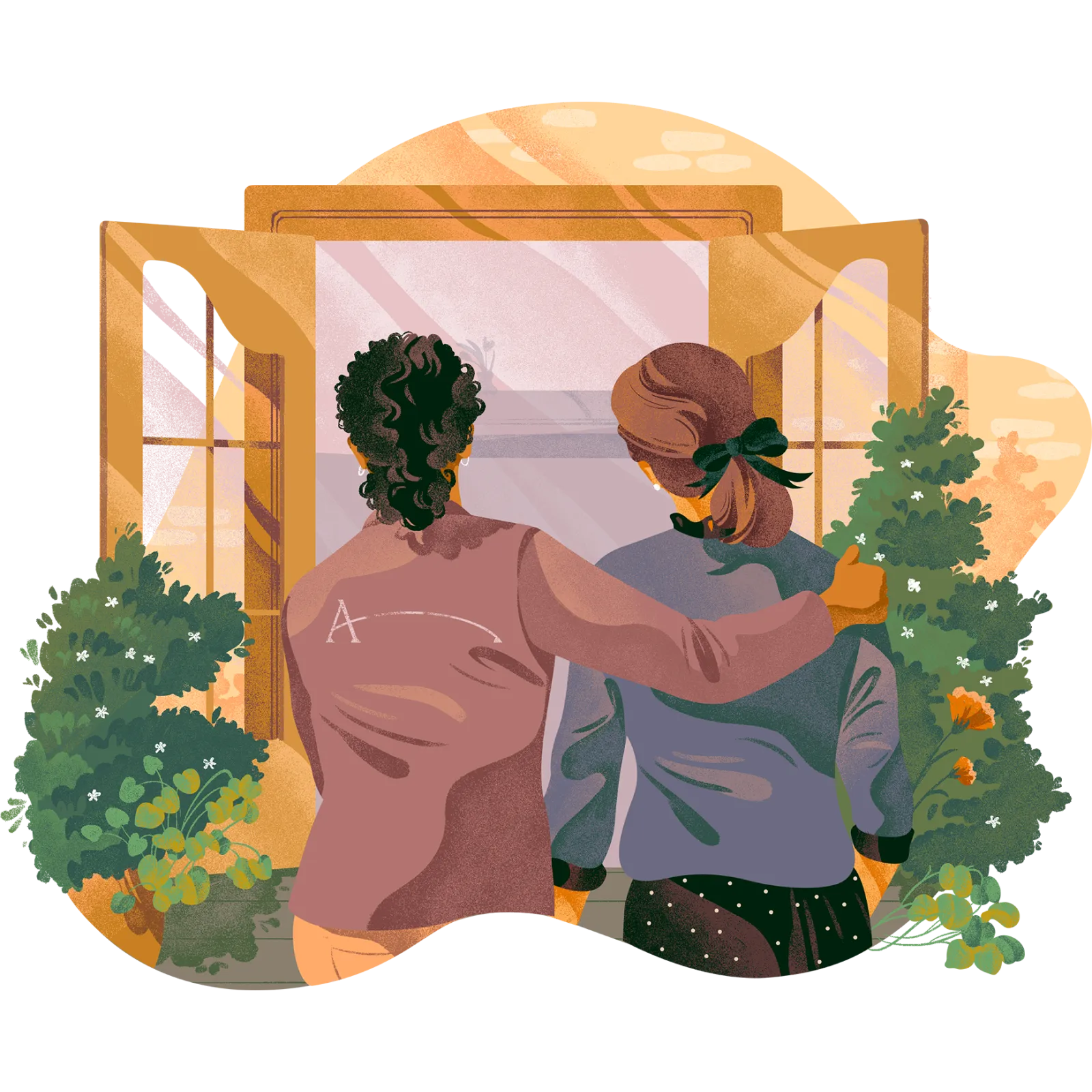 Two people embracing, looking out a sunlit window surrounded by plants